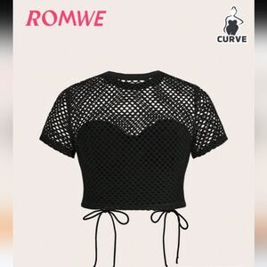 ROMWE Black Mesh Tie Crop Top Tag Size 1X US Size 14 NWT P2P 20 In